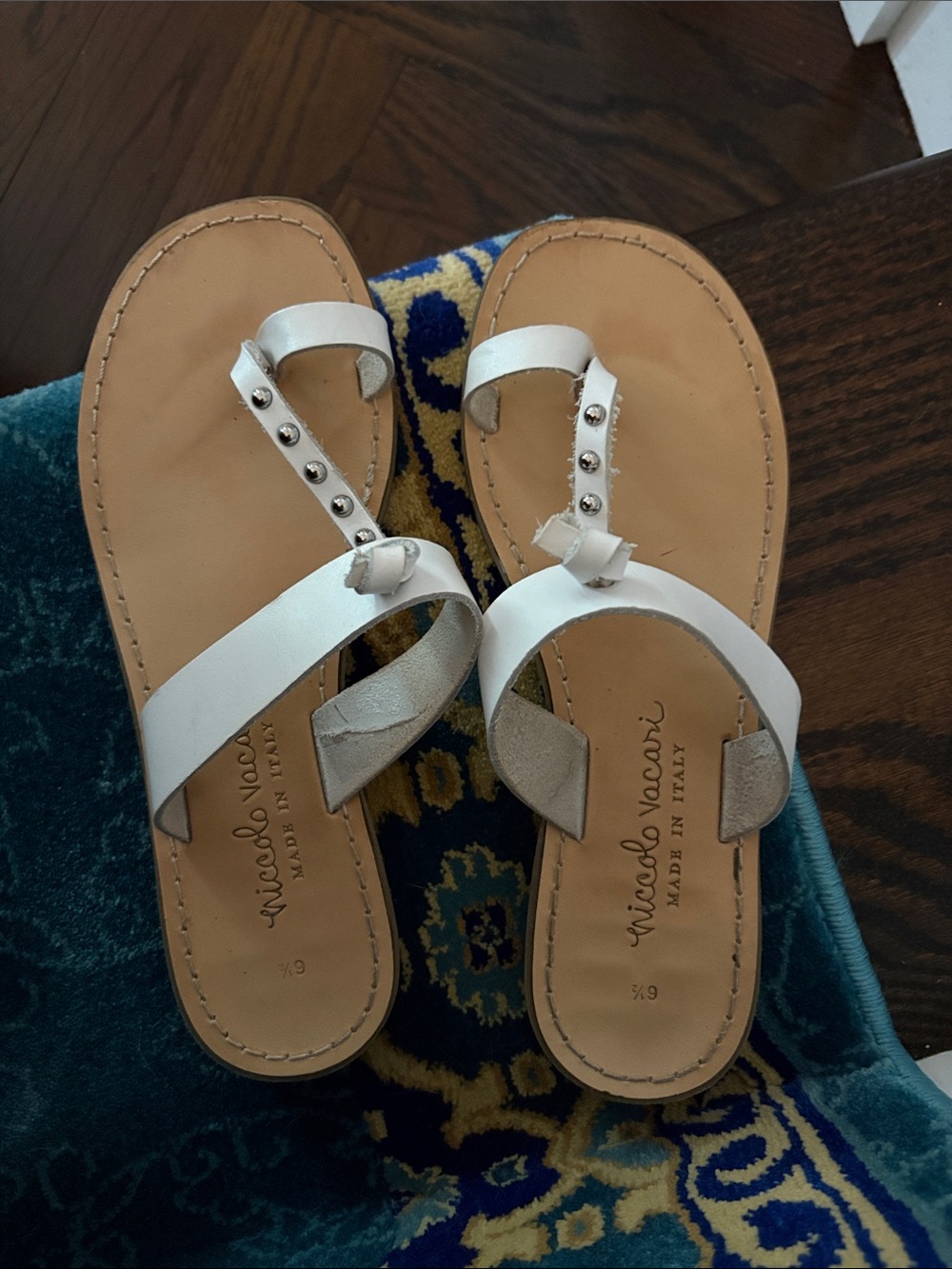 Nicole Vacari White Studded Toe-Loop Sandals